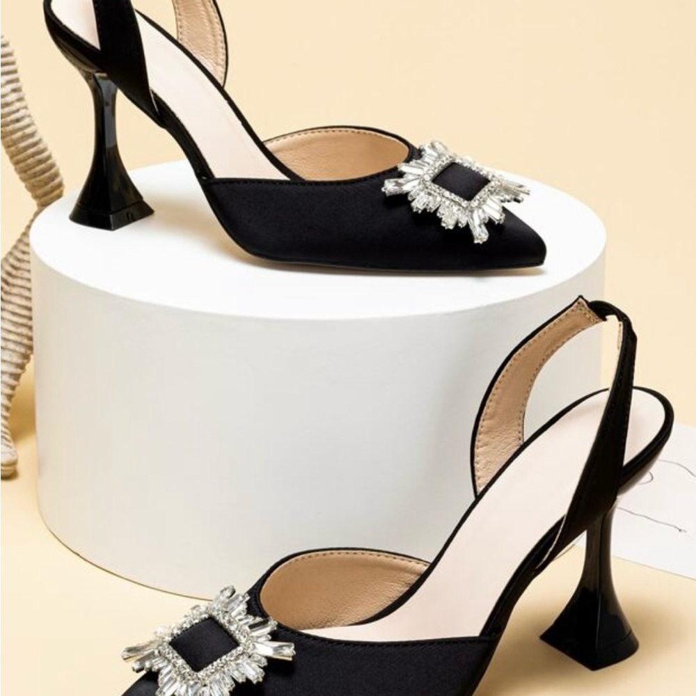 SHEIN Black Slingback Heels with Embellishment
